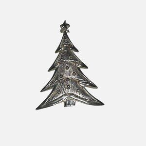 Vintage Textured Silver-Tone Metal Christmas Tree Brooch Pin 2-1/2"